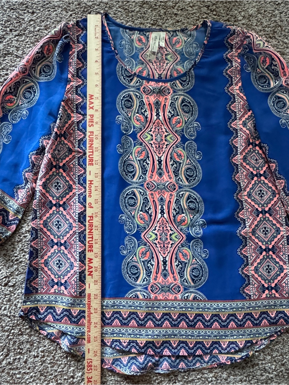 Boho Paisley Tunic Blouse M Blue Coral 70s Hippie Festival Pink Owl - Picture 8 of 10